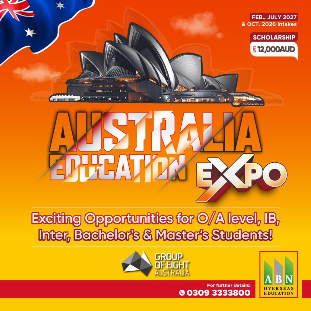 Australia Education Expo banner featuring the Sydney Opera House illustration, offering study opportunities, admissions, and scholarships for international students.